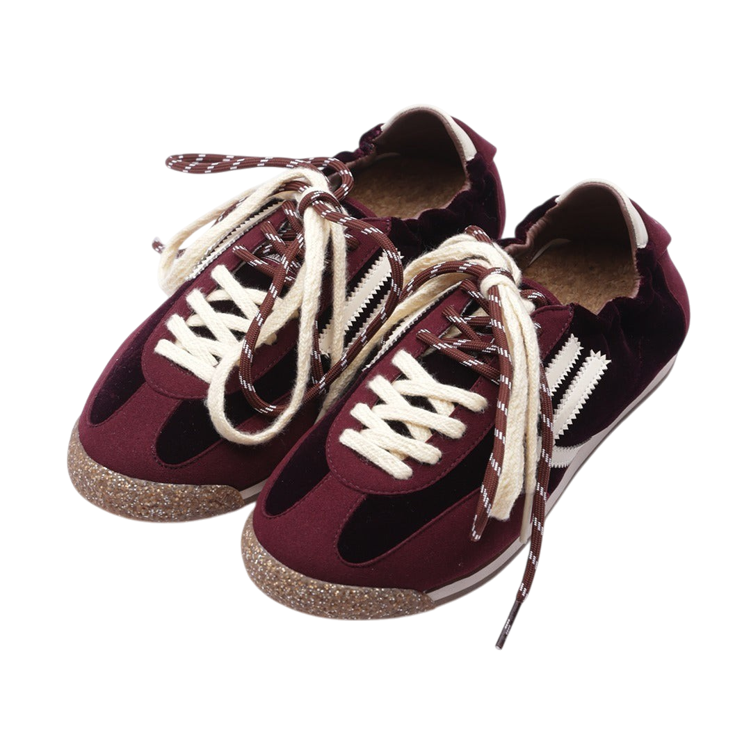 Sneaker Blaze Shop PURAAI Panther Wine in velluto bordeaux con suola glitterata e doppi lacci avorio e marroni