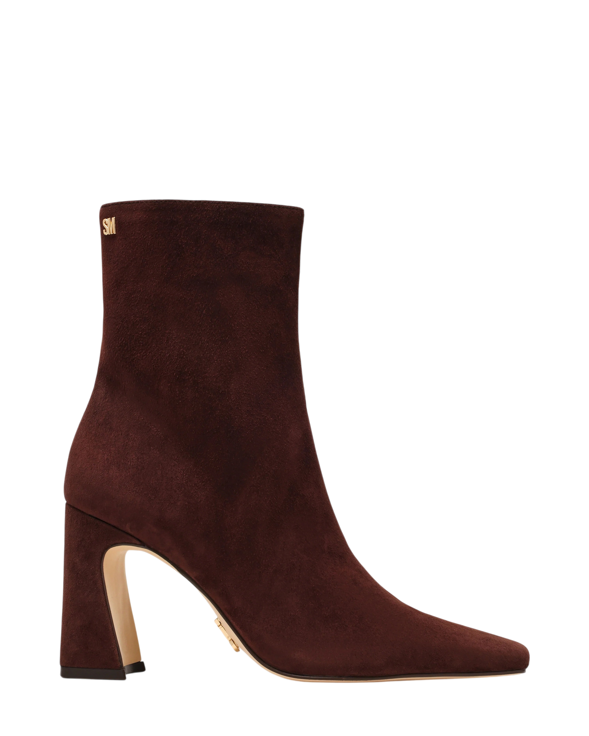 Stivaletti Blaze Shop Flares in pelle scamosciata color cioccolato con tacco alto 8,5 cm e logo SM dorato