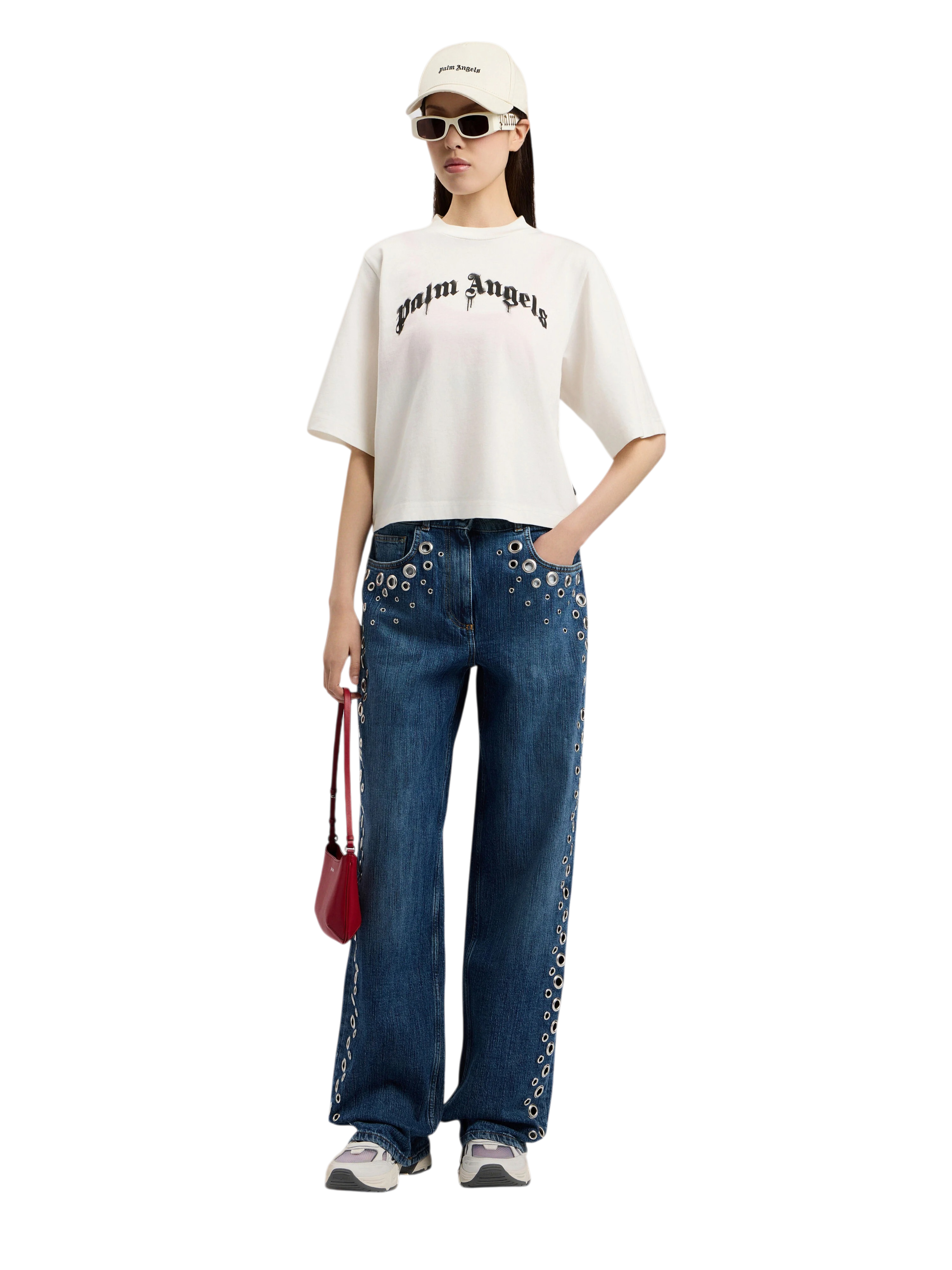 PALM ANGELS Curved Logo Boxy T-Shirt Off White Black