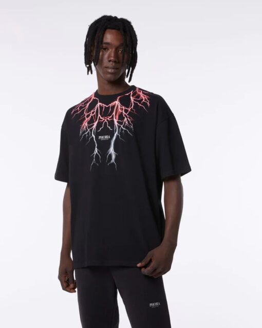 PHOBIA ARCHIVE T-SHIRT NERA CON FULMINI ROSSO-GRIGIO FLUO