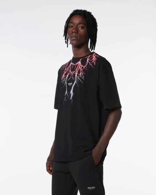 PHOBIA ARCHIVE T-SHIRT NERA CON FULMINI ROSSO-GRIGIO FLUO