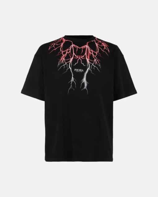 PHOBIA ARCHIVE T-SHIRT NERA CON FULMINI ROSSO-GRIGIO FLUO