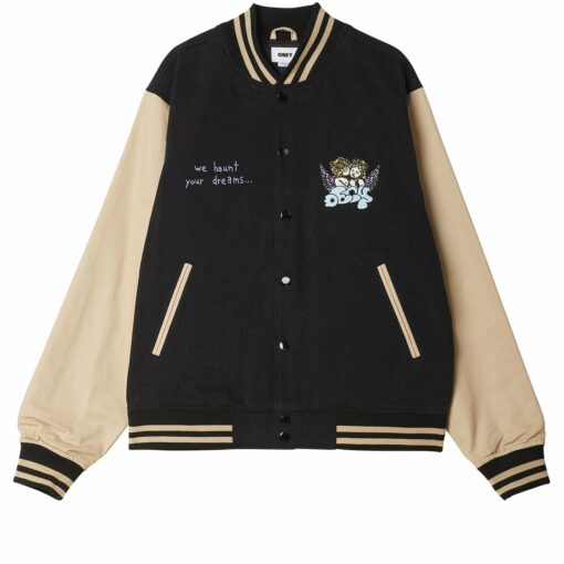 OBEY CARE DENIM VARSITY JACKET dusty black multi