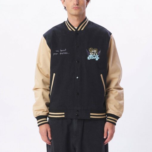 OBEY CARE DENIM VARSITY JACKET dusty black multi