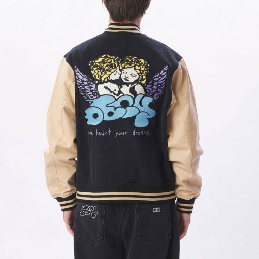 OBEY CARE DENIM VARSITY JACKET dusty black multi