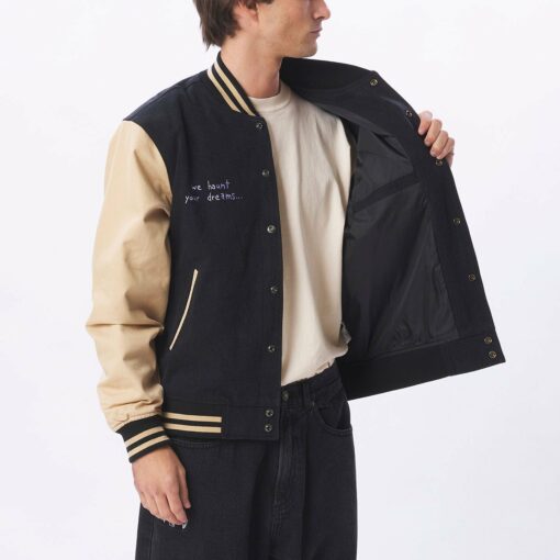 OBEY CARE DENIM VARSITY JACKET dusty black multi