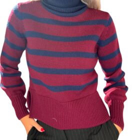 MERCI Maglia Lana merinos collo alto righe blu e bordeaux